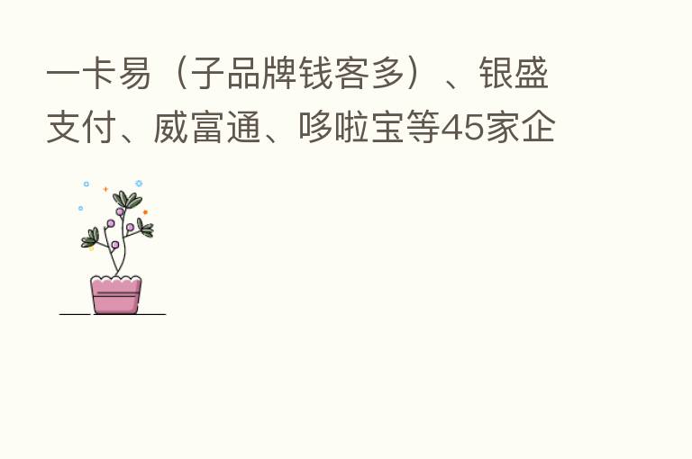 一卡易（子品牌前客多）、银盛支付、威富通、哆啦宝等45家企业通过聚合支付技术服务备案
