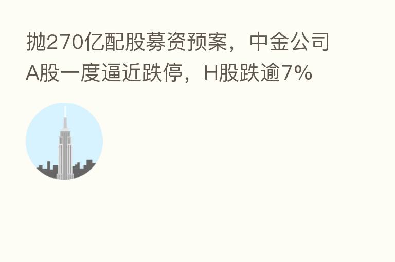 抛270亿配股募资预案，中金公司A股一度逼近跌停，H股跌逾7%