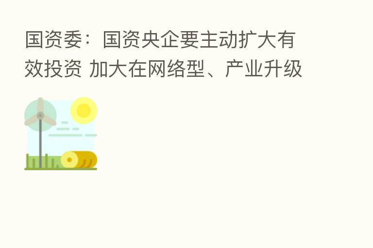 国资委:国资央企要主动扩大有效投资 加大在网络型、产业升级、城市、农业农村等基础设施建设领域布局力度