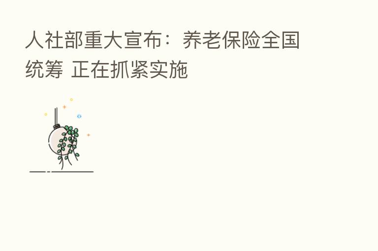 人社部重大宣布：养老      全国统筹 正在抓紧实施
